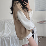 Hulianfu Sweater Vests Women Knitted Tank Sweaters V-neck Solid Sleeveless Casual Long Sleeves Vintage Spring/Autumn Female High Street
