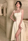 French Elegant White Strap Midi Dress  Summer New Casual Evening Party Dress Women Beach Sleeveless Lace-up Red Dress Korean