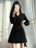 Hulianfu Vintage Notched Black Long Sleeve Jacket Slim Blazer Mini Dresses for Women Korean Fashion Sexy Casual Bodycon Dress Autumn