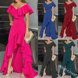 hulianfu European American Elegant Party Dresses Sexy V-neck Irregular Solid Color Maxi Dress Hem Ruffle Women Short Sleeve Floor-Length