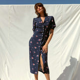 Polka Dot Print Midi Dress Woman Elegant Embroidery Short Sleeve V-neck Vestidos  Summer Femme Vintage Casual Long Robes