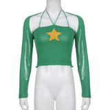Hulianfu Knit Two Piece Set Y2K Star Crop Top And Bolero Cardigan Women Sexy Night Club Festival Outfit Knitwear Co ord Set White Green