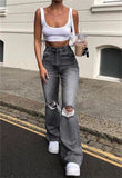 Hulianfu new style micro-bladed jeans women's ripped European and American high-waisted wide-leg flared trousers all-match loose
