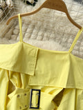 Hulianfu New Fashion Women Spring Summer Yellow Shirt Sexy Spaghetti Strap Slash Neck Off Shoulder Long Sleeve Blouse with Belt