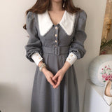 Hulianfu Vintage Lace Plaid Chic Puff Sleeve Woman Dresses Women Korean Temperament Office Lady Lapel Robe Slim Waist Long Sleeve Dress