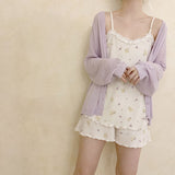 hulianfu Sweet Floral Pattern Pajama Sets Women Summer Lace Trim Homewear Cute Sleepwear Kawaii Pajamas Top and Shorts