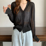 Hulianfu Summer V Neck Cardigan Women Casual Transparent Sweater Shirts Lady Simple Thin Solid Outwear Female Crop Top