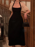 Hulianfu Puff Sleeve Women Elegant Casual Halter Midi Dress Evening Short Sleeve A-Line Party Vestidos Female Fashion Clothes Summer