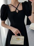 Hulianfu Summer Women Fashion Elegant Casual Solid Puff Sleeve Midi Dresses Evening Office Lady Female A Line Clothes Vestdios Black
