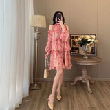 Lantern Sleeve Summer Dress New French Style Floral Dress for Women 2023 Sweet Elegant Tierred Knee Length Mini Dress