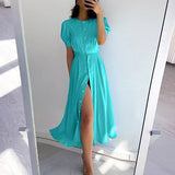 Hulianfu Women's Summer Long Dress Slit 2023 Orange Elegant Short Sleeve Maxi Dresses Office Ladies Buttons Holiday Shirt Dress For Women