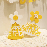 HULIANFU ins Kids Yellow Flower Birthday Hat Little Daisy Party Hat Baby Shower Headwear White Happy Birthday Smile Headband