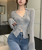 Hulianfu Knitting T-shirt Women Slim Sexy Long Sleeve Daily V-neck Casual Korean Style Pure Retro Minimalist Hot Girls Spring See-through