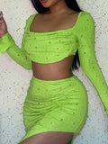 Hulianfu Autumn Pearl Diamonds Suit Women Two Piece Set Folds Polo-Neck Cropped Top Split Long Skirts Outfits Vacation Party