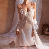 hulianfu Twinset White Robe Set Bride Sexy Kimono Bathrobe Gown Suit Sleepwear Nightgown Spring Summer Silky Satin Home Dress Lounge Wear