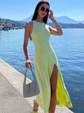 Hulianfu Knitting Split Women Dress Sexy Slim Sleeveless Hip Package Midi Dresses Female Spring Summer Fashion Solid Ladies Vestido