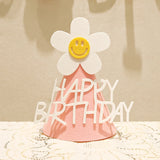 HULIANFU ins Kids Yellow Flower Birthday Hat Little Daisy Party Hat Baby Shower Headwear White Happy Birthday Smile Headband