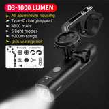 HULIANFU ROCKBROS 1000LM Bike Light Front Lamp USB Rechargeable LED 4800mAh Bicycle Light Waterproof Headlight Bike Accessories