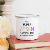 HULIANFU Merci Maîtresse/Atsem Print Coffee Mug Creative Enamel Cups Drinks Water Milk Cup Mug School Home Handle Drinkware Teacher Gifts