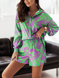 hulianfu Fashion Print Shorts Suits Women Vintage Long Sleeve Shirt and Short Pants Suit Two Piece Set Female Loose Lapel Casual Outfit