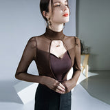 Hulianfu Solid Sexy Long Sleeve Mesh Tshirt Women Fashion Patchwork Black Top T Shirt Autumn Winter Ladies Hollow Out Tee Shirt