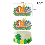 HULIANFU Wild Jungle Party Cake Topper Kids Happy Birthday  Animal Cake Flag Boy Birthday Party Decoration Children Forest Party Supplies