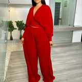 hulianfu Ladies Long Sleeved Black V-Neck Top Loose Stitching Pleated Wide Leg Pants Two-Piece Set