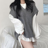 Hulianfu Sweater Vests Women Knitted Tank Sweaters V-neck Solid Sleeveless Casual Long Sleeves Vintage Spring/Autumn Female High Street