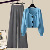 Hulianfu Winter Knit Sets Womens Outfits French Vintage Square Collar Knitted Sweater And Wide Leg Pants Two Pieces Sets Office Lady Sets