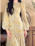 Hulianfu Floral Print Lace Midi Dresses for Women Clothing Elegant Long Sleeve Folds Party Prom Female Beach Bodycon Dress Summer 2023