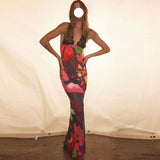 Hulianfu Elegant Tie Dye Floral Chiffon Dress For Women 2023 Summer Sexy Bandage Backless Lace Long Dresses Female Beach Evening Robe
