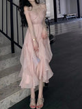 Hulianfu Harajuku French Korean Sweet V-Neck Camisole Sleeveless Sexy Strap Midi Maxi Dresses for Women Elegant Fairy Party Summer Pink