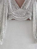 hulianfu  Women's Silver Sequins Blouse Female Fashion Puff Sleeve V Neck Short Pleated Shirt Tops Spring Chic Sexy Street Wear