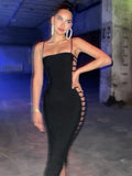 Hulianfu Elegant Side Hollow Out Backless Sexy Midi Dress For Women Gown Summer New Spaghetti Strap Sleeveless Club Party Dress