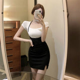 Hulianfu Sexy Bodycon Mini Dress Women  Overalls Dresses T Shirt 2 Pieces Set Side Split Fashion New