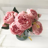 HULIANFU 2023 30cm Rose Pink Silk Peony Artificial Flowers Bouquet 5 Big Head and 4 Bud Cheap Fake Flowers for Home Wedding Decoration indoor