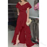 hulianfu European American Elegant Party Dresses Sexy V-neck Irregular Solid Color Maxi Dress Hem Ruffle Women Short Sleeve Floor-Length