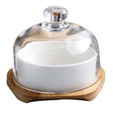 HULIANFU New Ceramic Dessert Bowl Snack Dish Taste Fruit Salad Ice Cream  Pudding Cup With Bamboo Tray Glass Cover Creative Tableware