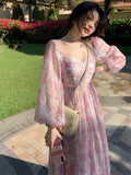 Hulianfu Vintage Long Sleeve One Piece Chiffon Dress for Women Fairy Elegnat French Floral Party Midi Dresses Evening Korean Summer