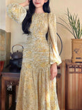 Hulianfu Floral Print Lace Midi Dresses for Women Clothing Elegant Long Sleeve Folds Party Prom Female Beach Bodycon Dress Summer 2023