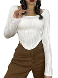 Hulianfu Women Y2k Long Sleeve Basic Slim Crop Top Irregular Texture Skinny Tee Ribbed Stretchy Shirts Bodycon Blouse
