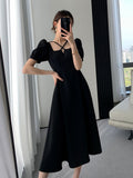 Hulianfu Summer Women Fashion Elegant Casual Solid Puff Sleeve Midi Dresses Evening Office Lady Female A Line Clothes Vestdios Black