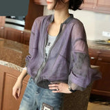 Hulianfu Summer Baseball Gauze Cropped Jacket Women Korean Fashion Lightweight Sun Protection Outerwear Long Sleeve Tops Casual Chaquetas