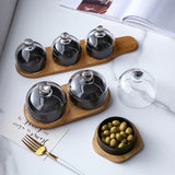 HULIANFU New Ceramic Dessert Bowl Snack Dish Taste Fruit Salad Ice Cream  Pudding Cup With Bamboo Tray Glass Cover Creative Tableware