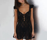 hulianfu Alinemyer Square Collar Black Mini Dress  Summer Sexy High Waist Short Sleeve Beachwear Bodycon Hollow Out Sundress Female