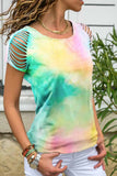 hulianfu Loose Hollow-out Tie-dye Multicolor T-shirt