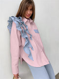 hulianfu -  Ruffled Patchwork Fashion Shirts For Women Pocket Lapel Casual Long Sleeve Cardigan Elegant Contrast Female Blouse Y2k Top