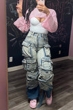 hulianfu Washed Gradient Stylish Multi Pocket Jeans