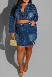 hulianfu Beaded Decor Elegant Ripped Denim Dress Suit