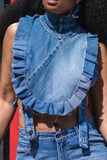 hulianfu Whimsical Ruffle Bandage Denim Camisole